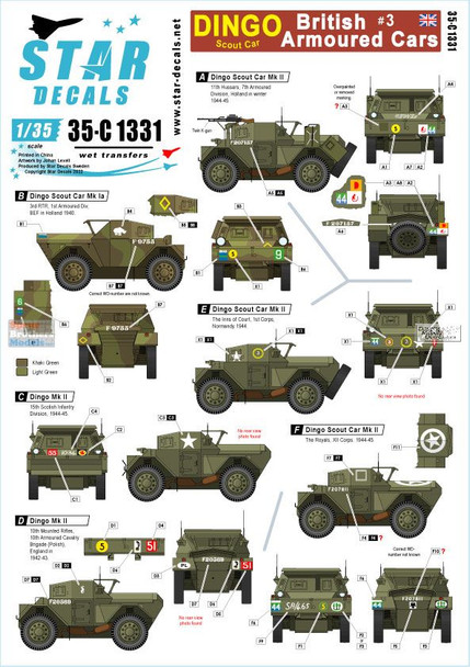 SRD35C1331 1:35 Star Decals - British Armoured Cars #3 Dingo Scout Car. From BEF to VE-Day