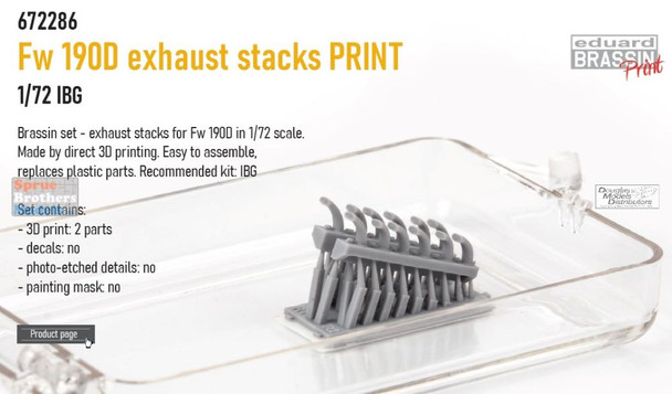 EDU672286 1:72 Eduard Brassin Print Fw190D Exhaust Stacks (IBG kit)