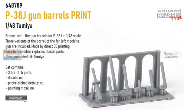 EDU648789 1:48 Eduard Brassin Print - P-38J Lightning Gun Barrels (TAM kit)