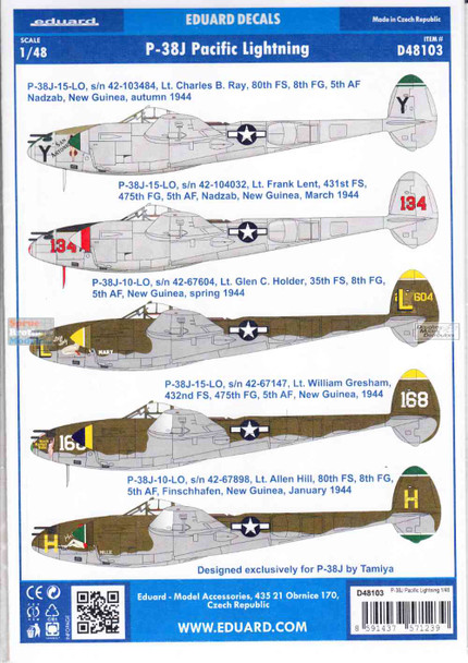EDUD48103 1:48 Eduard Decals - P-38J Pacific Lightning [TAM kit]