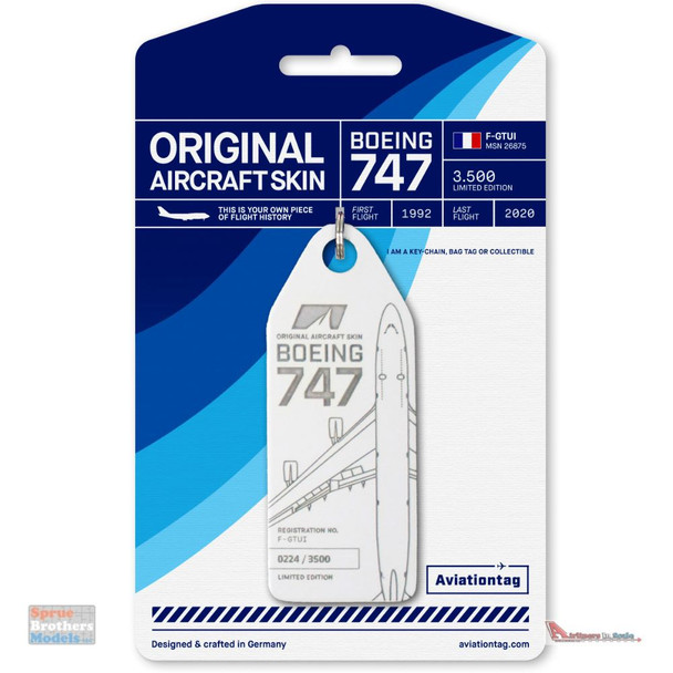 AVT110 AviationTag Boeing 747-422 (Corsair) Reg #F-GTUI White Original Aircraft Skin Keychain/Luggage Tag/Etc With Lost & Found Feature