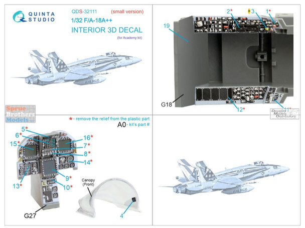 QTSQDS32111 1:32 Quinta Studio Interior 3D Decal - F-18A++ Hornet (ACA kit) Small Version