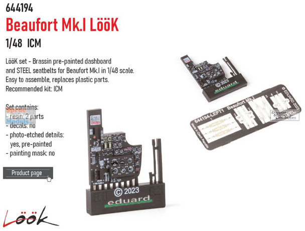 EDU644194 1:48 Eduard Look - Beaufort Mk.I Detail Set (ICM kit)