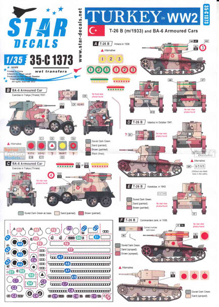 SRD35C1373 1:35 Star Decals - Turkey in WW2: T-26B & BA-6