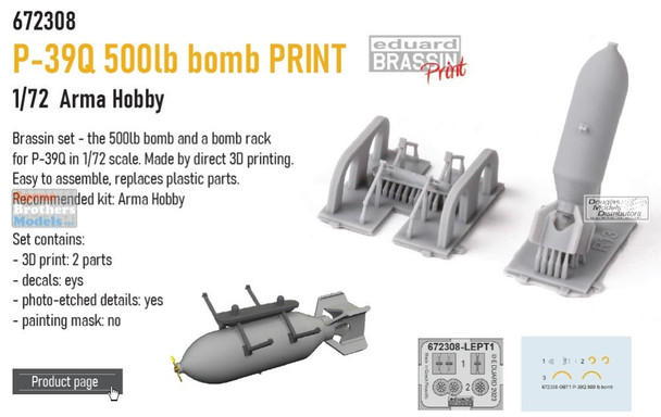 EDU672308 1:72 Eduard Brassin PRINT P-39Q Airacobra 500lb Bomb (ARH kit)