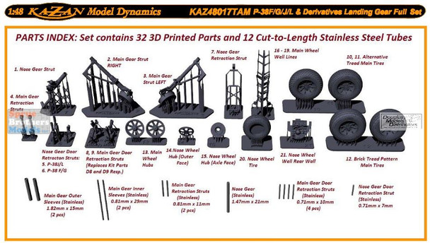 KMDKAZ48017TAM 1:48 Kazan Model Dynamics 3D Prints P-38F P-38G P-38J P-38L Lightning Landing Gear Full Set (TAM kit)