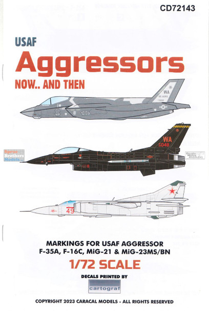 CARCD72143 1:72 Caracal Models Decals - Aggressors Now.. And Then (F-35A F-16C MiG-21F-13 MiG-23MS MiG-23BN)