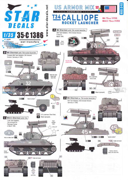 SRD35C1386 1:35 Star Decals - US Armor Mix #8: M4 & M4A3 Sherman with T34 Calliope