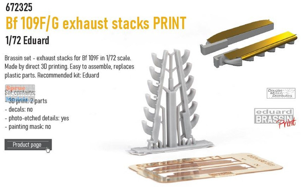 EDU672325 1:72 Eduard Brassin PRINT Bf109F Bf109G Exhaust Stacks (EDU kit)