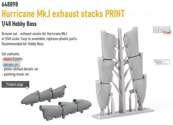 EDU648898 1:48 Eduard Brassin PRINT - Hurricane Mk.I Exhaust Stacks (HBS kit)