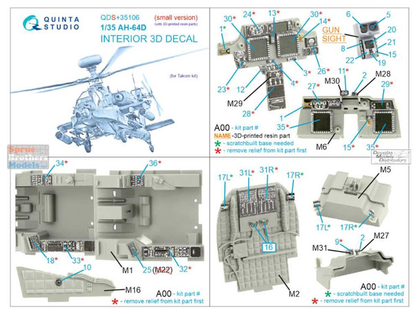 QTSQDS35106R 1:35 Quinta Studio Interior 3D Decal - AH-64D Apache with Resin Part (TAK kit) Small Version