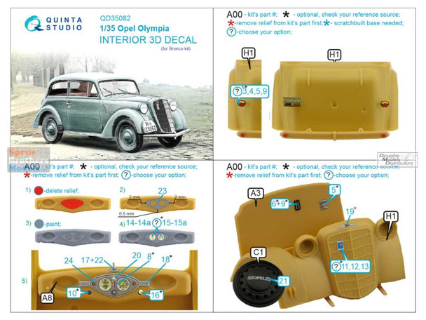 QTSQD35082 1:35 Quinta Studio Interior 3D Decal - 1937 Opel Olympia (BNC kit)