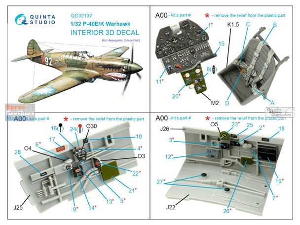 QTSQD32137 1:32 Quinta Studio Interior 3D Decal - P-40E P-40K Warhawk (HAS/EDU kit)