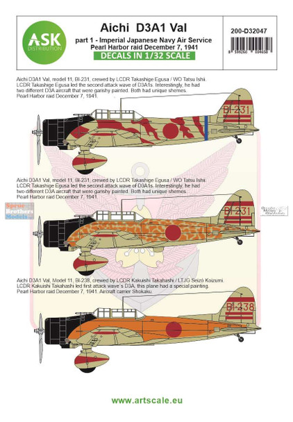 ASKD32047 1:32 ASK/Art Scale Decals - D3A1 Val Part 1: Pearl Harbor Raid December 7, 1941