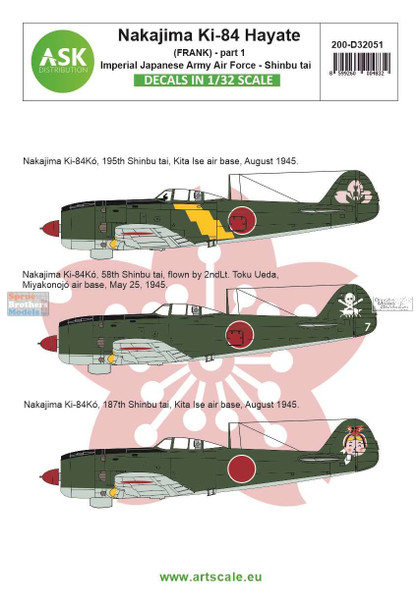 ASKD32051 1:32 ASK/Art Scale Decals - Ki-84 Hayate (Frank) Part 1: IJAAF - Shinbu tai