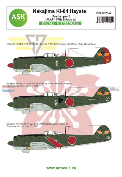 ASKD32052 1:32 ASK/Art Scale Decals - Ki-84 Hayate (Frank) Part 2: IJAAF - 57th Shinbu tai