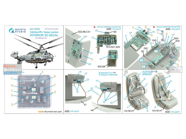 QTSQD48358R 1:48 Quinta Studio Interior 3D Decal - Ka-27PL Helix Trainer Version with Resin Parts (HBS kit)