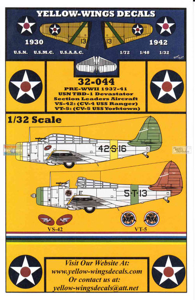 YWD32044 1:32 Yellow Wings Decals TBD-1 Devastator VS-42 VT-5