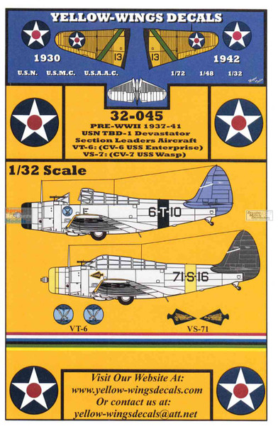 YWD32045 1:32 Yellow Wings Decals TBD-1 Devastator VT-6 VS-71