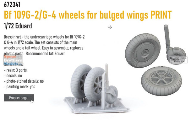 EDU672341 1:72 Eduard Brassin PRINT Bf109G-2/G-4 Wheels for Bulged Wings (EDU kit)