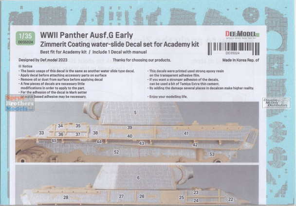 DEFDD35024 1:35 DEF Decal - Panther Ausf.G Early Zimmerit Coating Water Slide Decal Sheet (ACA kit)
