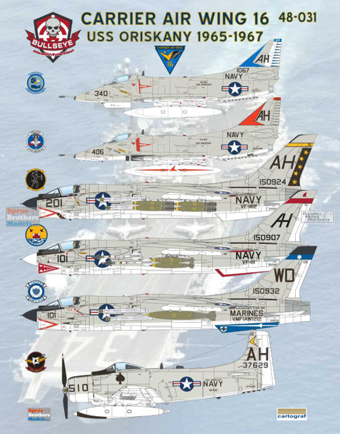 BMA48031 1:48 Bullseye Model Aviation Decals - Carrier Air Wing 16 USS Oriskany 1965-1967 (A-4E Skyhawk A-1H Skyraider F-8E Crusader)