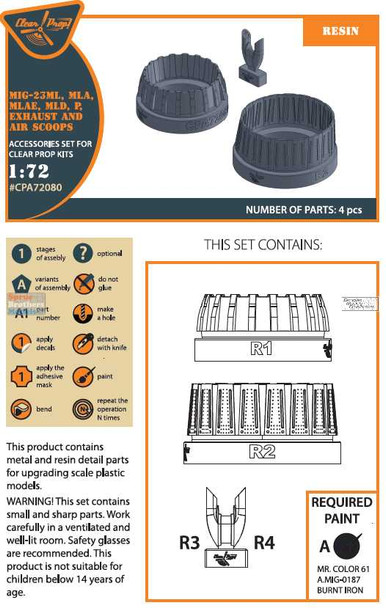 CLPCPA72080A 1:72 Clear Prop Models MiG-23ML/MLA/MLAE/MLP/P Flogger Exhaust & Air Scoops (CLP kit)