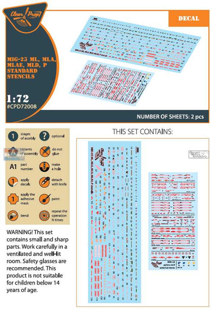 CLPCPD72008D 1:72 Clear Prop Models Mig-23ML/MLA/MLAE/MLD/P Flogger Standard Stencils