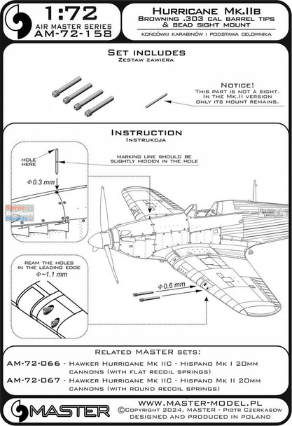 MASAM72158 1:72 Master Model Hurricane Mk.IIb  Browning .303cal Barrel Tips & Bead Sight Mount