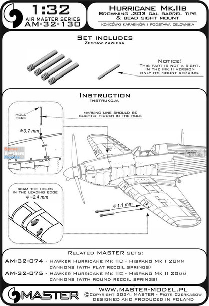 MASAM32130 1:32 Master Model Hurricane Mk.IIb Browning .303 cal Barrel Tips & Bead Sight Mount