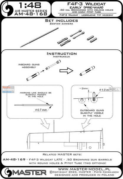 MASAM48168 1:48 Master Model - F4F-3 Wildcat Early .50 Cal Brownings with Oblong Holes & Early Pitot Tube