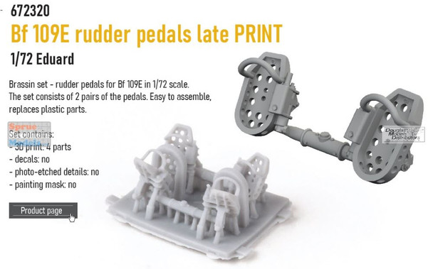 EDU672320 1:72 Eduard Brassin PRINT Bf109E Rudder Pedals Late