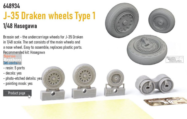 EDU648934 1:48 Eduard Brassin Print - J35 Draken Wheels Type 1 (HAS kit)