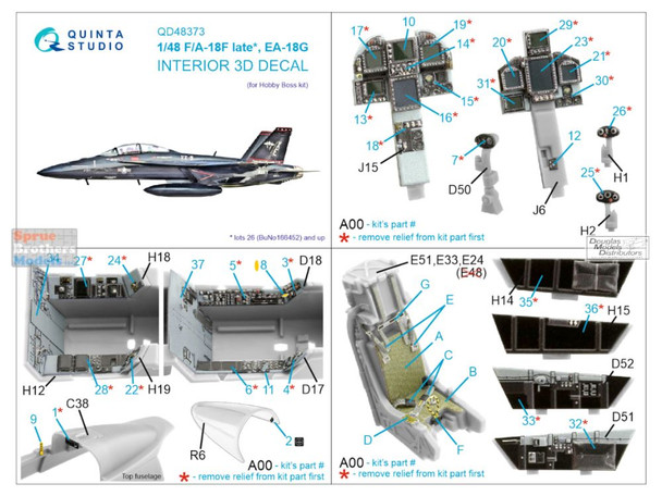 QTSQD48373 1:48 Quinta Studio Interior 3D Decal - F-18F Super Hornet Late / EA-18G Growler (HBS kit)