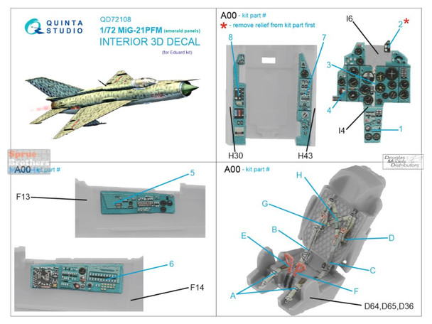 QTSQD72108 1:72 Quinta Studio Interior 3D Decal - MiG-21PFM Fishbed Emerald Panels (EDU kit)