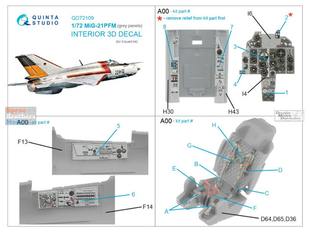 QTSQD72109 1:72 Quinta Studio Interior 3D Decal - MiG-21PFM Fishbed Grey Panels (EDU kit)