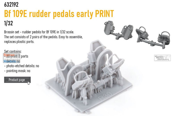 EDU632192 1:32 Eduard Brassin PRINT Bf109E Early Rudder Pedals