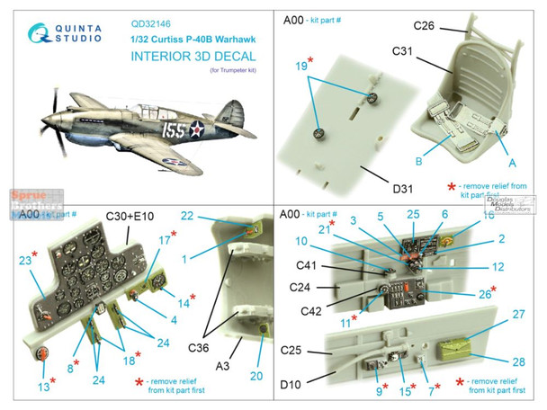 QTSQD32146 1:32 Quinta Studio Interior 3D Decal - P-40B Warhawk (TRP kit)
