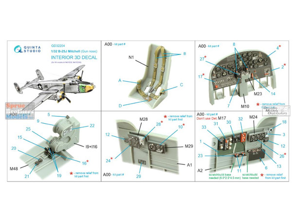 QTSQD32204 1:32 Quinta Studio Interior 3D Decal - B-25J Mitchell Gun Nose (HKM kit)