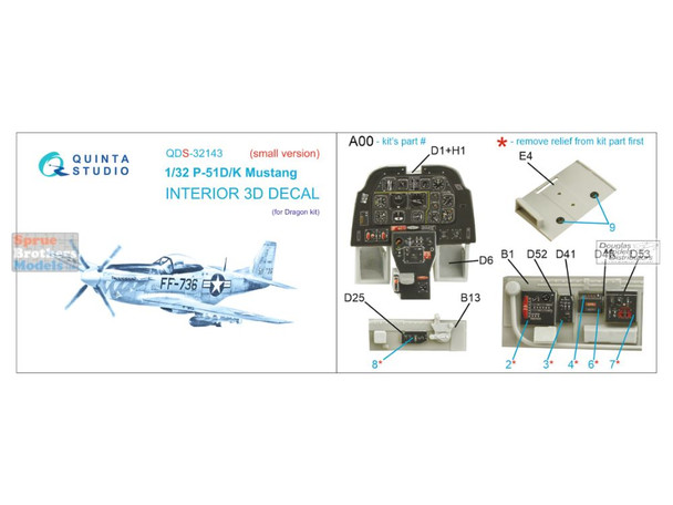 QTSQDS32143 1:32 Quinta Studio Interior 3D Decal - P-51D P-51K Mustang (DRA kit) Small Version
