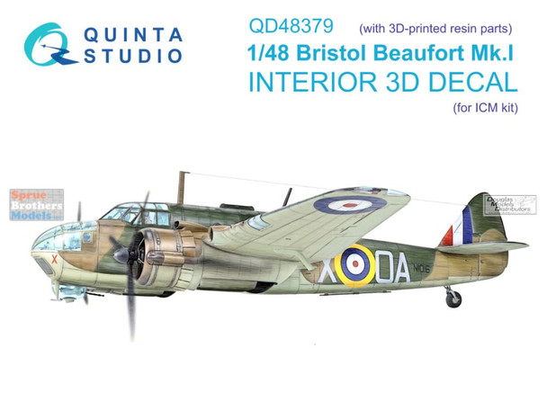 QTSQD48379R 1:48 Quinta Studio Interior 3D Decal - Beaufort Mk.I with Resin Part (MNG kit)