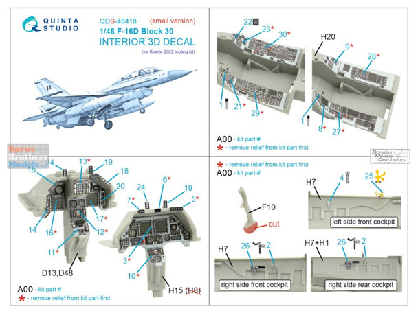QTSQDS48418 1:48 Quinta Studio Interior 3D Decal - F-16D Falcon Block 30 (KIN kit) Small Version