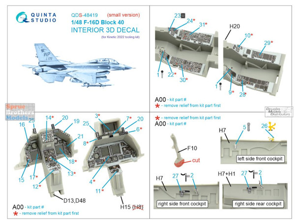 QTSQDS48419 1:48 Quinta Studio Interior 3D Decal - F-16D Falcon Block 40 (KIN kit) Small Version