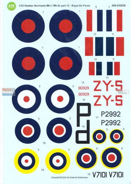 ASKD32038 1:32 ASK/Art Scale Decals - Hurricane Mk.I / Mk.IIc Part 12: Royal Air Force