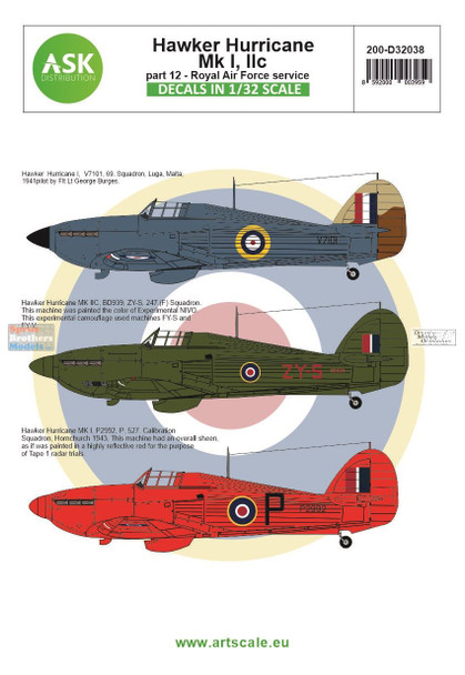 ASKD32038 1:32 ASK/Art Scale Decals - Hurricane Mk.I / Mk.IIc Part 12: Royal Air Force