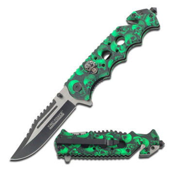 skull camo knife with seat belt cutter and glass breaker