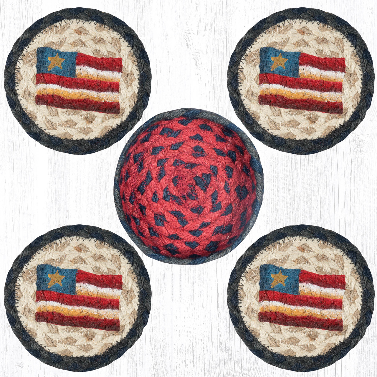 Primitive Star Flag Coasters in a Basket Set CNB-015