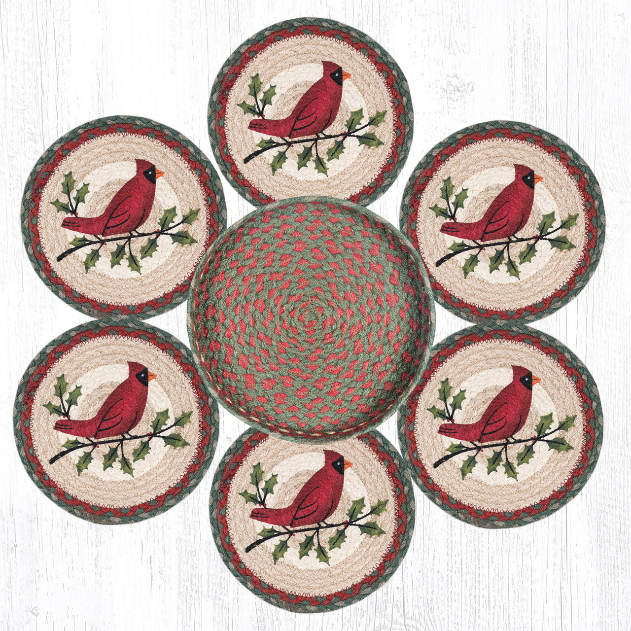 10" Holly Cardinal Trivets in a Basket Set TNB-025