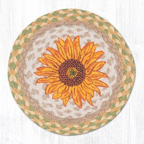 Sunflower trivet with green, yellow and gold border colors.