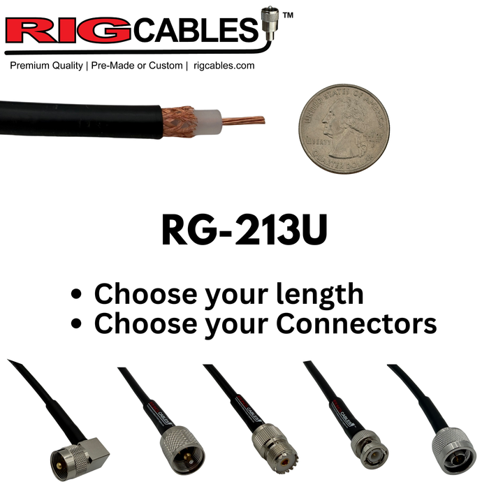 RG-213U (400-series) Coax Assemblies - Pick your Connectors (Priced by length)